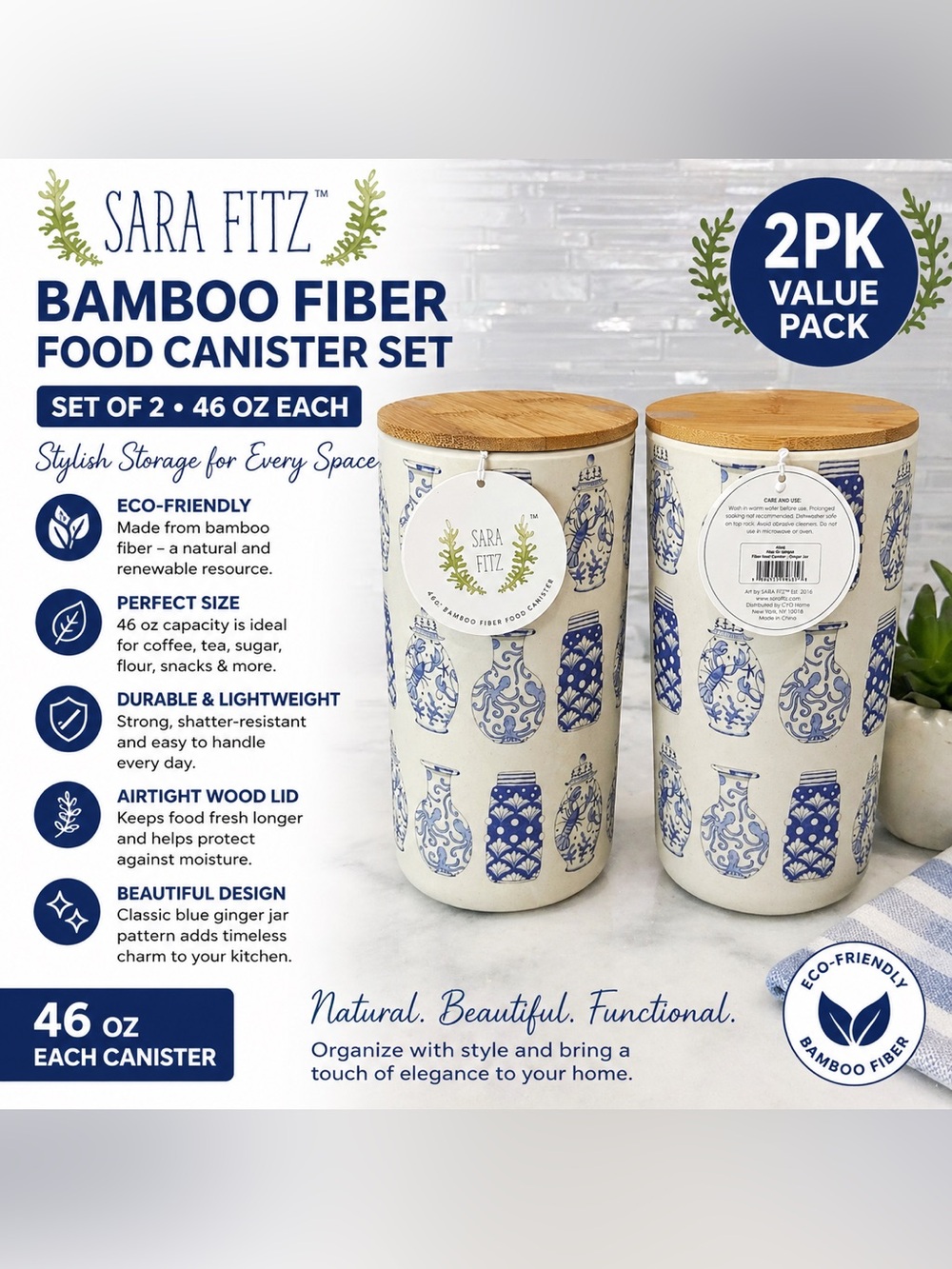 Sara Fitz Blue Ginger Jar Bamboo Fiber Food Canister Set w/ Wood Lid 46 oz 2 Pk